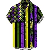YBHUO Mens Mardi Gras Shirt Print Short Sleeve Hawaiian Bowling Casual Button Down Beach Shirts
