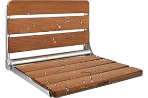 FLNGR 18 inch Teak Folding Shower Seat Wall Mounted, Foldable Shower Bench, 400lbs Max Load, Space-Saving Fold Down Design for Seniors, Elderly & Small Shower Spaces