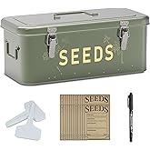 Orionstar Seed Storage Organizer, Metal Seed Saving Box with Lid, Seed Bin with 30 Plant Labels 30 Seed Envelopes 1 Marker Pens, 4 Compartments Box with Safety Locks, Blackish Green
