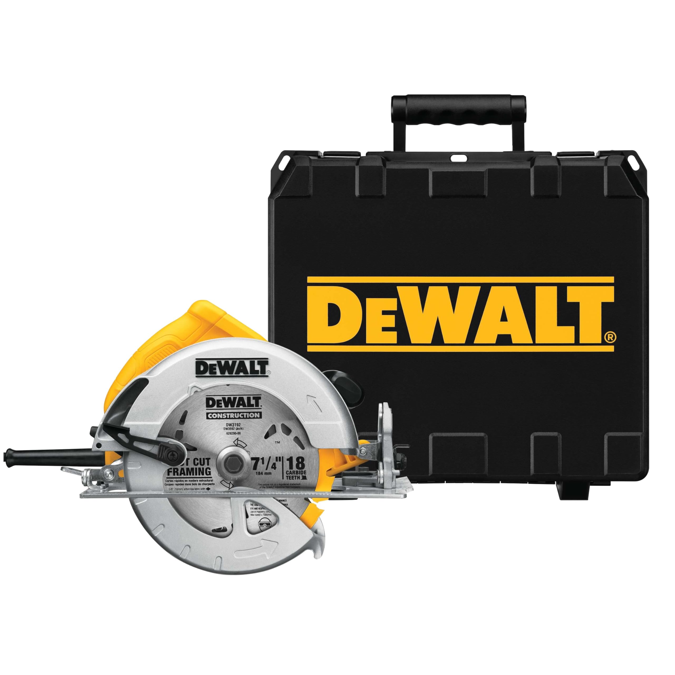 Dewalt 1.600 W Handkreissäge DWE575K (max. Schnitttiefe 67 mm, für Ablängarbeiten, Quer- und Neigungschnitte, Sägeblatt: 190 x 30 mm, Neigungseinstellung 57°, Zusatzhandgriff, Transportkoffer)