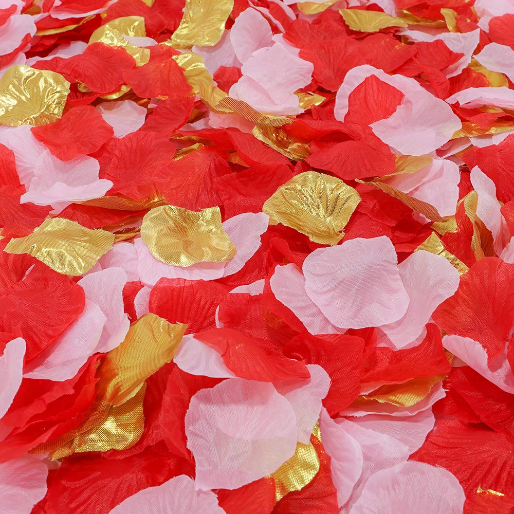 Silk Flower Petals Bollywood Valentines Mix Artificial Rose Petals Wedding Confetti Party Decoration Scatter Floral 1200 Pieces (Red, Dark Pink, Orange, Light Orange, Gold)