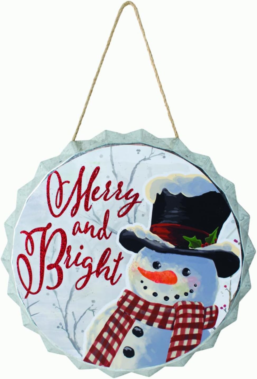 Vintage Galvanized Metal Bottle Cap Ornament Snowman Christmas Sign - Hanging Holiday Decoration