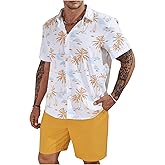 BEAUDRM Men's Plus Size Hawaiian Matching Set Tropical Print Short Sleeve Button Down Shirt and Shorts Set Vacation Outfits