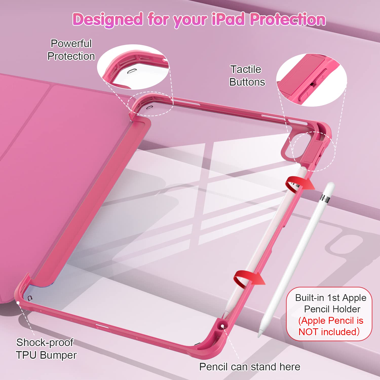 OKP Case for iPad 11th Generation 11-inch (A16) 2025, for 10.9'' iPad 10th Gen 2022, Slim Lightweight iPad 11/10 th Gen Protective Cover with Trifold Stand, Auto Wake/Sleep, Clear PC Back Shell, Pink