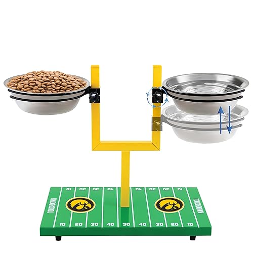 NCAA Iowa Hawkeyes Goalpost Football Field Dog Feeder – Adjustable Elevated Dog Bowls with Stand, 2 Stainless Steel Bowls, Non-Slip Rubber Feet, Raised Pet Feeder for Large & Small Dogs
