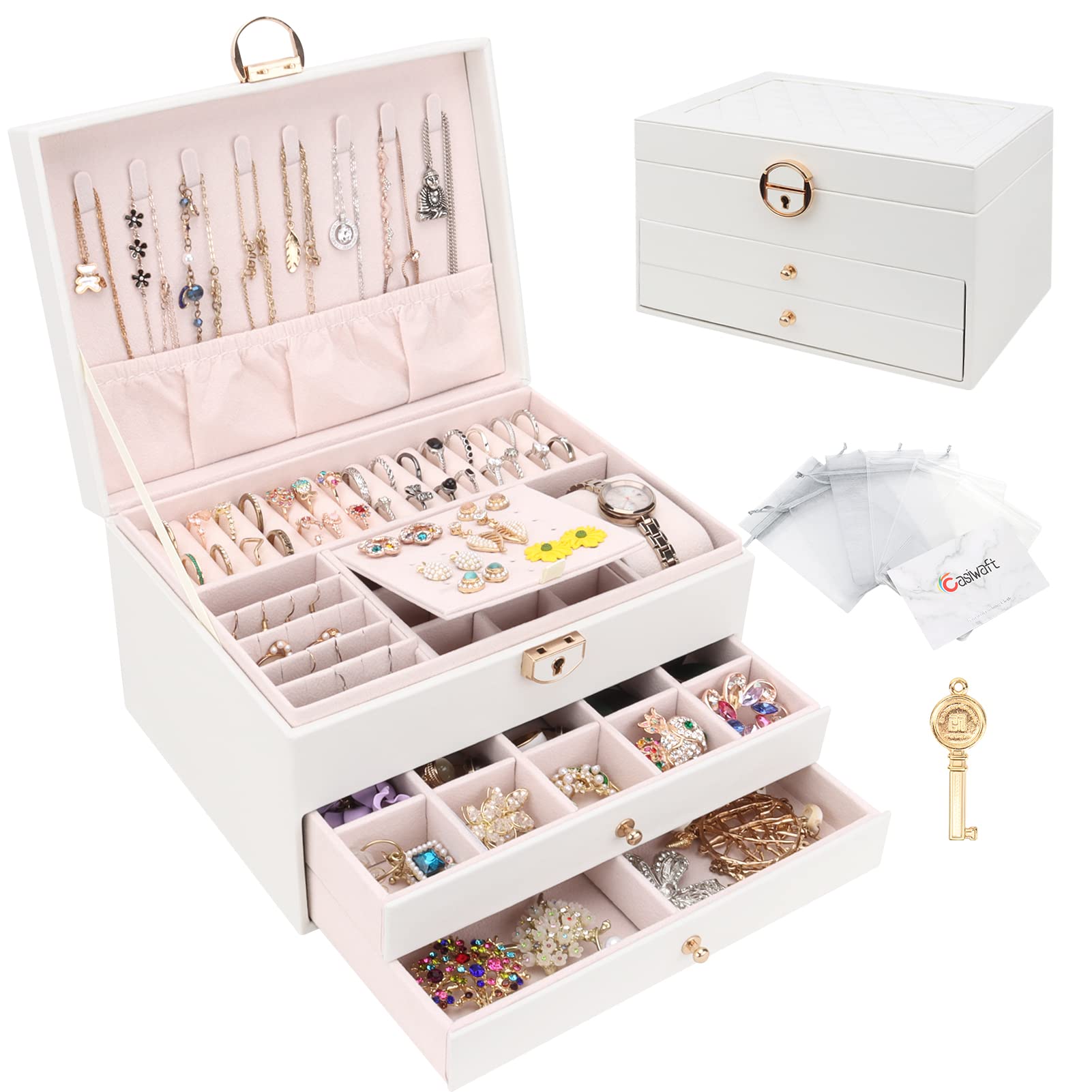 Casiwaft Jewellery Box, Jewellery Organiser with 2 Drawers, 3 Layers Leather Jewellery Storage Box with Lock, Jewellery Storage Case for Necklaces Earrings Bracelets and Rings, White