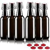 YEBODA 16 oz Amber Glass Beer Bottles for Home Brewing with Flip Caps, Case of 6