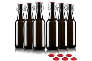 YEBODA 16 oz Amber Glass Beer Bottles for Home Brewing with Flip Caps, Case of 6