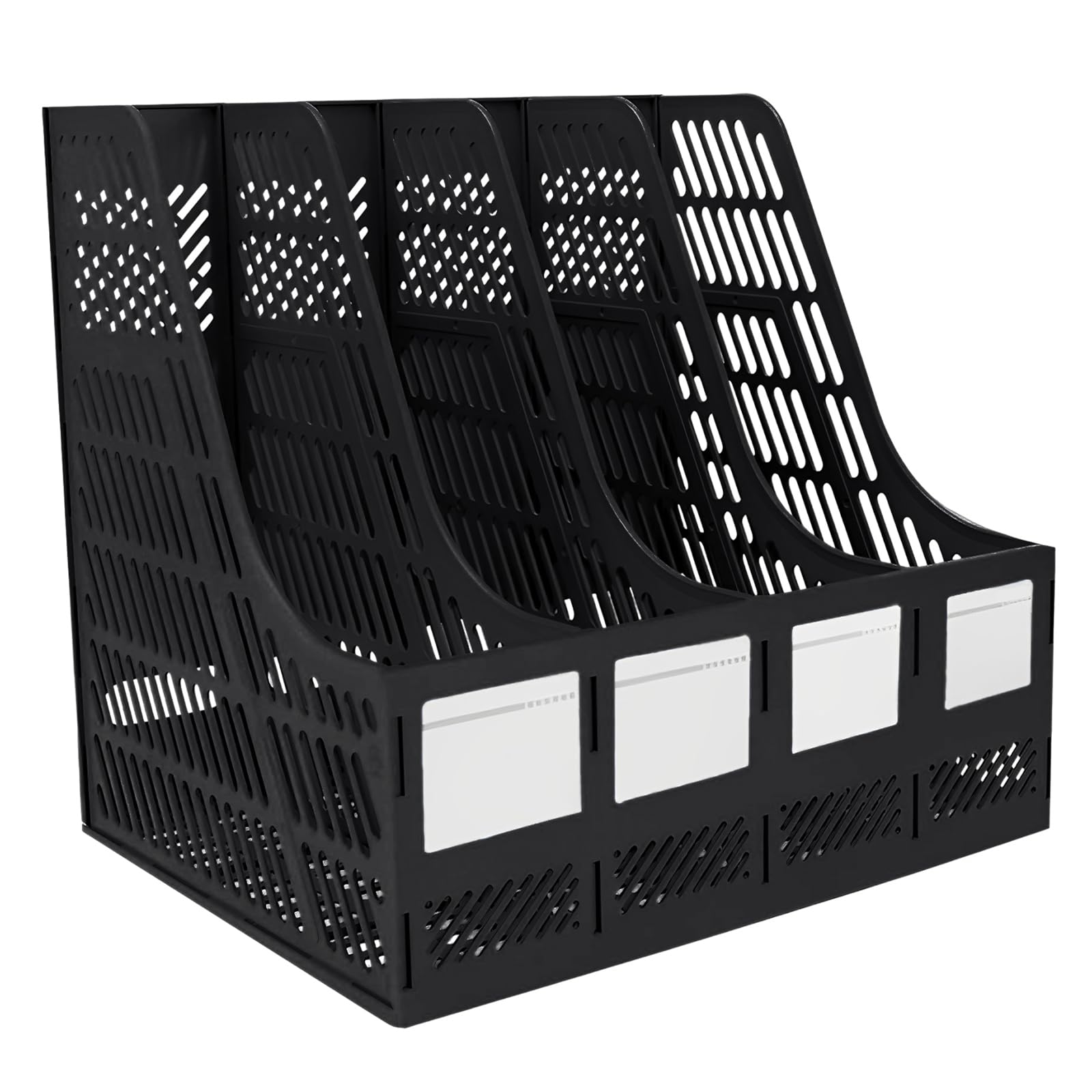 Elezeal Magazine File Holder, Sturdy HIPS Plastic 4 Vertical Book Organiser with Hollow Design, Durable A4 Desktop File Rack Document Storage Magazine Holder for Office, School, and Home - Black