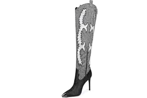 CKSNDLF Women's Western Cowboy Thigh High Boot Rhinestones Cowgirl Boots Glitter Sparkly Boots Over The Knee High Heel Pointed Toe Wedding Party Shoes