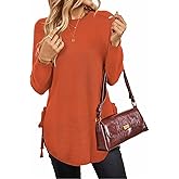 Womens Fall Crewneck Long Sleeve Tunic Sweaters Pullover Work Casual Side Slit Curved Asymmetrical Hem Bow Tie Knit Tops