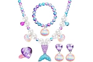 Jadive Mermaid Jewelry Set for Girls, 4 Pcs Mermaid Necklace Bracelet Ring Earrings for Kids Little Girls Christmas Halloween Dress up Pretend Play Supplies Birthday Gifts