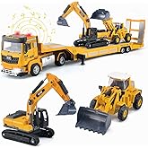 ACROFEK Construction Toy Set for Kids with Excavator, Bulldozer, Semi Truck - Real Lights & Sounds, Alloy Die-Cast Engineering Vehicles, Toys for 3 4 5 6 7 8 Year Old Boys, Birthday Gifts for Kids
