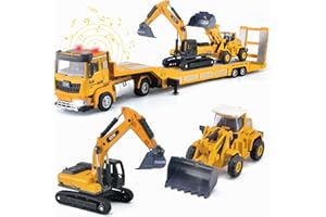 ACROFEK Construction Toy Set for Kids with Excavator, Bulldozer, Semi Truck - Real Lights & Sounds, Alloy Die-Cast Engineering Vehicles, Toys for 3 4 5 6 7 8 Year Old Boys, Birthday Gifts for Kids