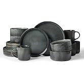 Famiware Star Dinnerware Sets with Mugs, Ceramic Plates and Bowls Set for 4 | 16-Piece Stoneware Ribbed Dishes. Chip &amp; Scratch Resistant. Microwave &amp; Dishwasher Safe, Everyday Formal Dining, Deep Forest