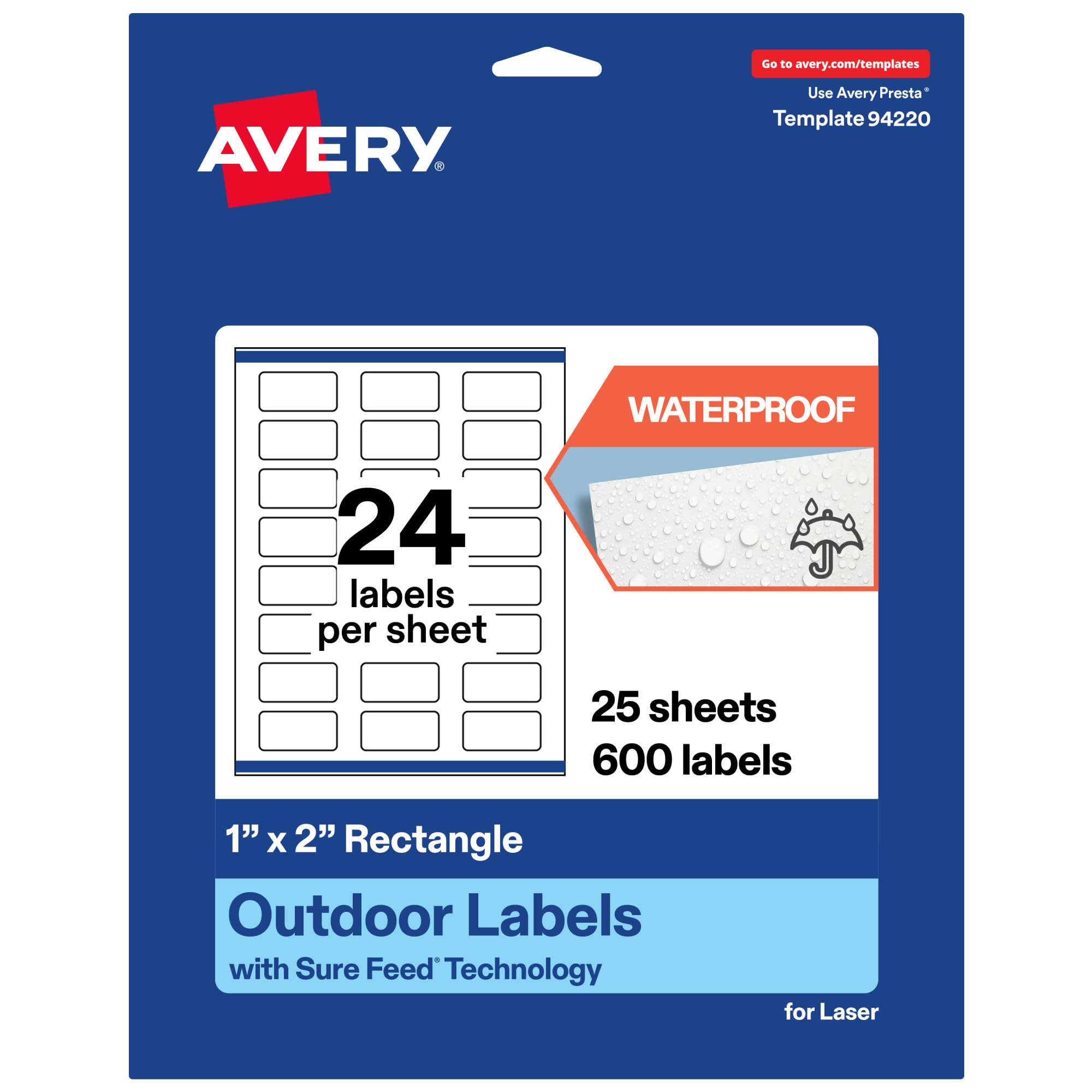 Photo 1 of ** SIMILAR IMAGE 32 LABELS Avery Outdoor Waterproof Rectangle Labels with Sure Feed Technology, 1" x 2", White Film, Print-to-The-Edge, Compatible with Laser Printers, 600 Labels Total