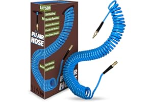 WHISPERING WONDER 1/4 in x 50 ft Polyurethane Air Hose with Bend Restrictor, Air Compressor Hose with 1/4 Solid 100% Pure Copper Quick Connect Fittings and I/M Plug Kit, Coiled PU Air Hose 1/4", Blue