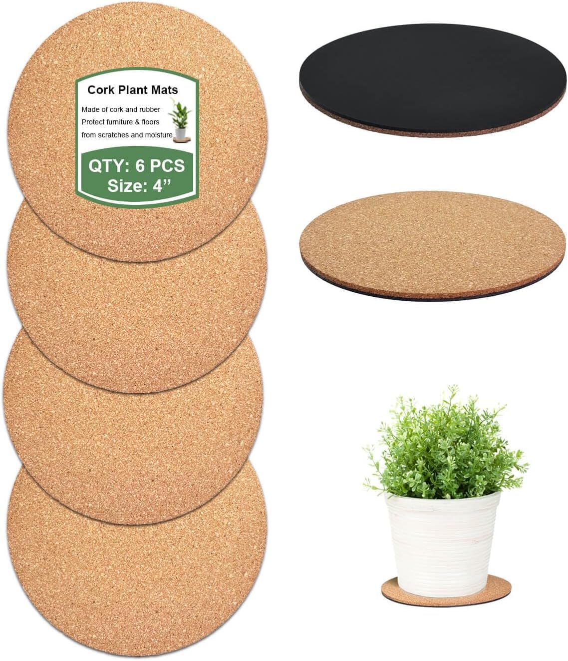 vensovo Cork Plant Coasters & Saucers 10 CM– Absorbent Round Mats for Indoor Flower Pots, Planters, House plants, Surface Protector for Table & Floor – 6 Pcs — image 1