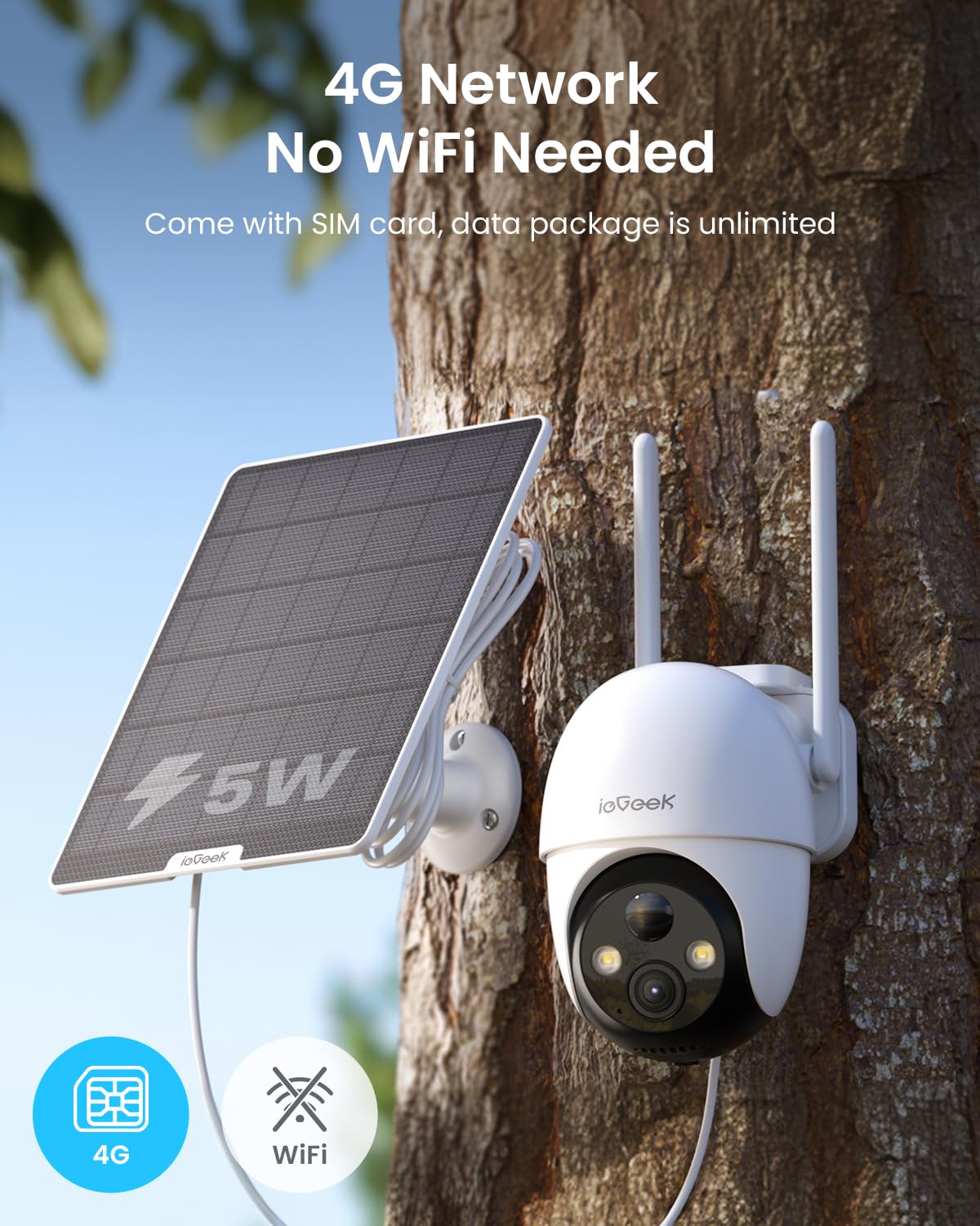 ieGeek 4G LTE Cellular Security Camera Wireless Outdoor, No WiFi Surveillance Cameras with SIM Card, Solar Battery Powered Cam, 2K Color Night Vision, 360°PTZ, 2-Way Audio, PIR Motion Sensor