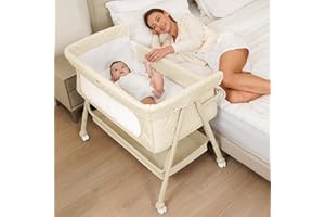 Kiniew Baby Crib for Newborn, Baby Bassinets Bedside Sleeper with Breathable Mesh & Mattress, Easy Move Crib for Newborns with Lockable Wheels, 4-Adjustable Height Beside Bassinet (Beige)
