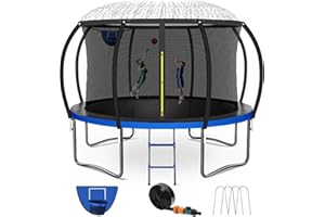 Kiivakii 12FT 14FT 16FT Trampoline, Outdoor Trampolines for Kids and Adults, Recreational Big Trampoline with Basketball Hoop, Round Trampoline with Sprinkler for Backyard, ASTM Certified
