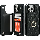 IKOLYS for iPhone 16 Pro 6.3" Wallet Case with Card Holder, Ring Kickstand Card Slots Leather Case with Double Magnetic Clasp Phone Cover 6.3 Inch 2024, Black