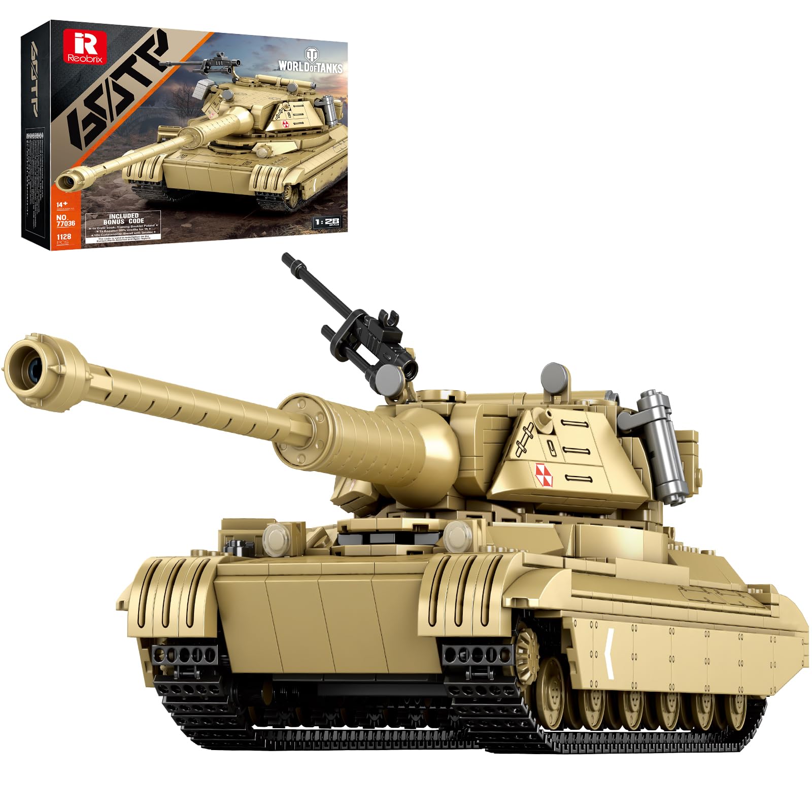 Reobrix Tank Building Toy for Adults, 1:28 Scale WW2 Military 60TP Heavy Armed Battle Tanks, 77036 World of Tanks Licensed, War Hobby Fans Vehicle Gift for Man Boys 14+ (1128 PCS) — image 1