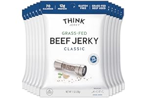 Think Jerky Classic Beef Jerky, Grass-Fed High Protein Beef, Gluten Free, No Antibiotics or Nitrates, Healthy Chef Crafted Recipe, Low Calorie and Low Fat - 1.0 oz Bags, 12 Pack