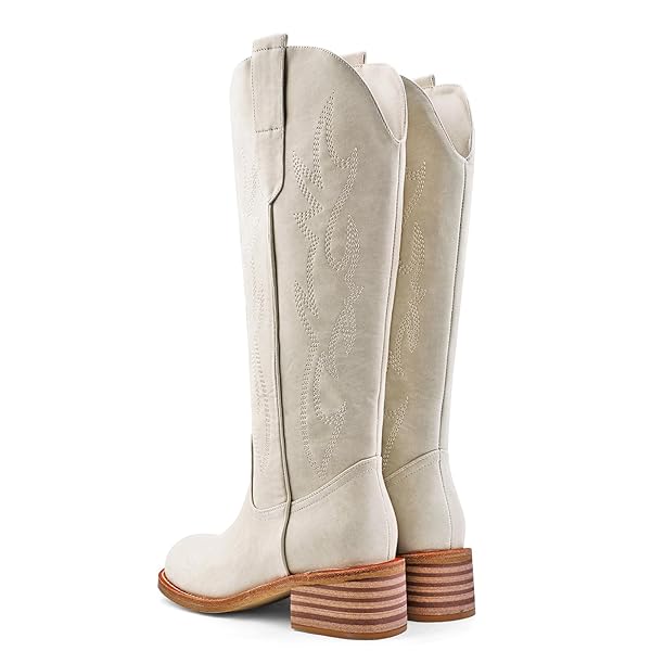 VBDB WHITE COWBOY BOOTS FOR WOMEN WIDE CALF COWGIRL KNEE HIGH WESTRN BOOTS – WITH SIDE EMBROIDERED SLIP ON SQUARE TOE CHUNKY HEEL RETRO CLASSIC TALL BOOT PULL ON FOR LADIES FALL WINTER SIZE 8