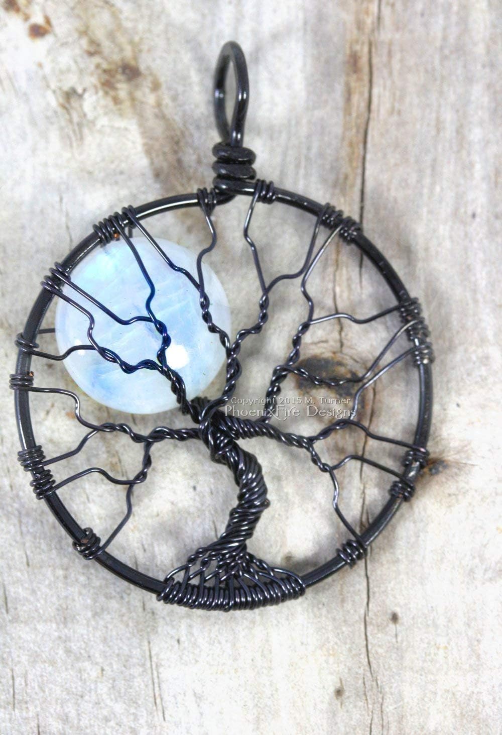Tree of Life Pendant Natural Rainbow Moonstone Full Moon Black Wire Wrapped Handmade Necklace