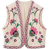 Yimoon Women's Vintage Floral Embroidery Vest Casual Open Front Sleeveless Cardigan Waistcoat