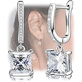 Sterling Silver Hoop Earrings with Drop Dangle for Women Hypoallergenic Square Hoop Earrings with Charms Trendy Cubic Zirconia Loop Earring with Dangling Classic Earring for Lady Gift for Her Wife Mom