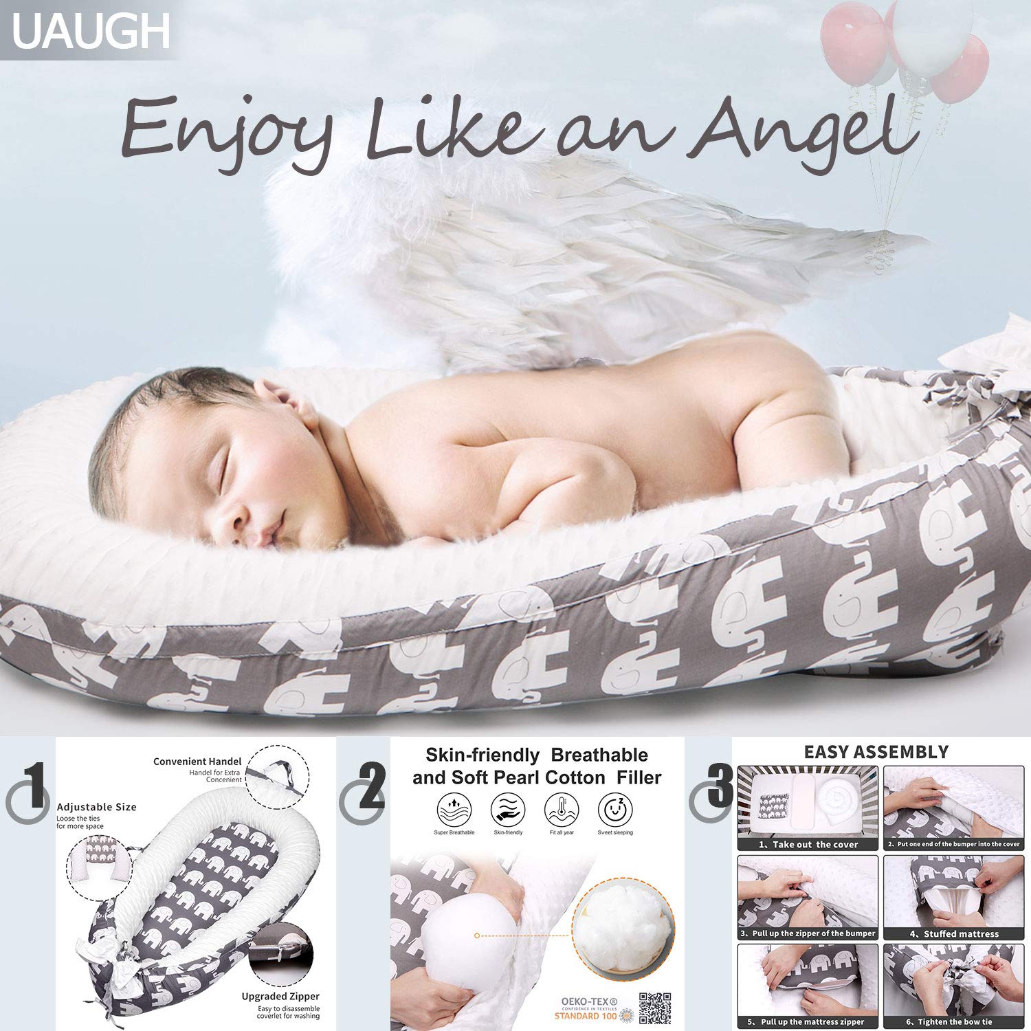 UAUGH Baby Lounger Nest – Deluxe Baby Nest Sleeper – Snuggle Nest for Infants – Skin-Friendly and Breathable – Comfortable and Cute Baby Lounger Pillow – Ideal for Crib, Outdoors, Bedroom: Baby