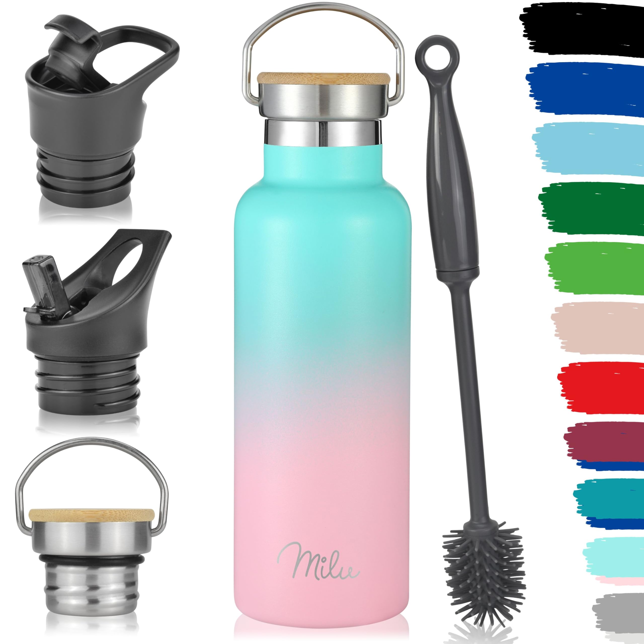 Milu Stainless Steel Drinking Bottle 350ml, 500ml, 750ml, 1l (+3 Lids) - Thermo Bottle with Straw, Water Bottle, for Hot, Cold & Carbonated Drinks (Mint Pink, 500ml)