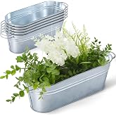 6 Pcs Galvanized Oval Planters Drink Bucket, 11.42 x 3.94 x 2.99 Inch | Tub Galvanized Buckets with Handle, Oval Metal Pail Flower Pot, Rustic Farmhouse Decor, for Vegetables, Flower, Outdoor Party