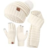Hat Gloves Scarf Set For Women, Womens Winter Hats Fleece Lined Slouchy Beanie With Pom Scarf Thermal TouchScreen Gloves Sets