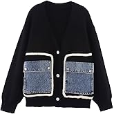 HOULENGS Women's Casual Open Front Patchwork Cardigan Sweaters Button Down V Neck Knit Sweater Jacket with Denim Pockets