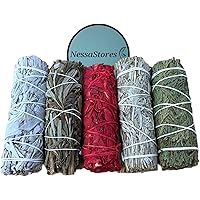 NessaStores 5 pcs Smudge Stick Sampler 1 Kit of White Sage, Black Sage, White Sage Dragon's Blood, Blue Sage, & Cedar - 4 Inc