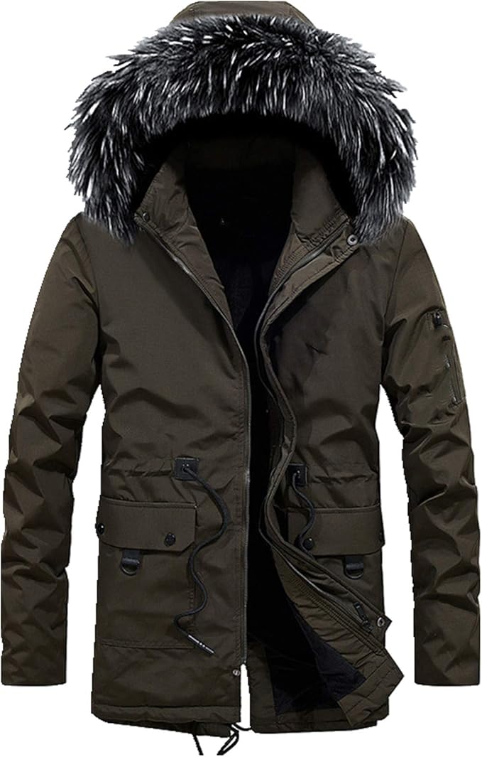 N\P Autumn and Winter Men's Detachable Hooded Medium Long Down Cotton Padded Jacket Army Green 
