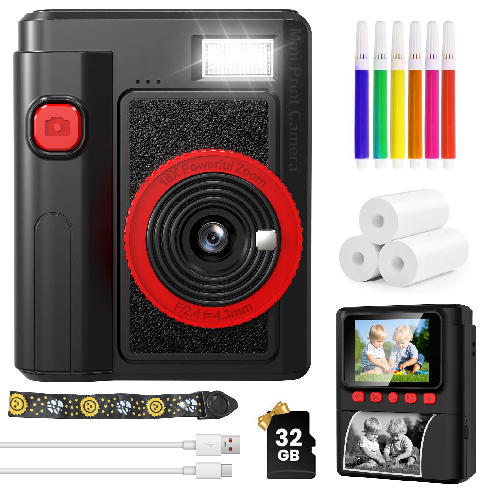 QIVORO Kids Camera Instant Print, 1080P Instant Digital Print Camera for Kids with 32GB Card & 3 Rolls Photo Paper. Christmas Birthday Gift Toys for Toddler Boys Girls Age 3-12 (Black) — image 1