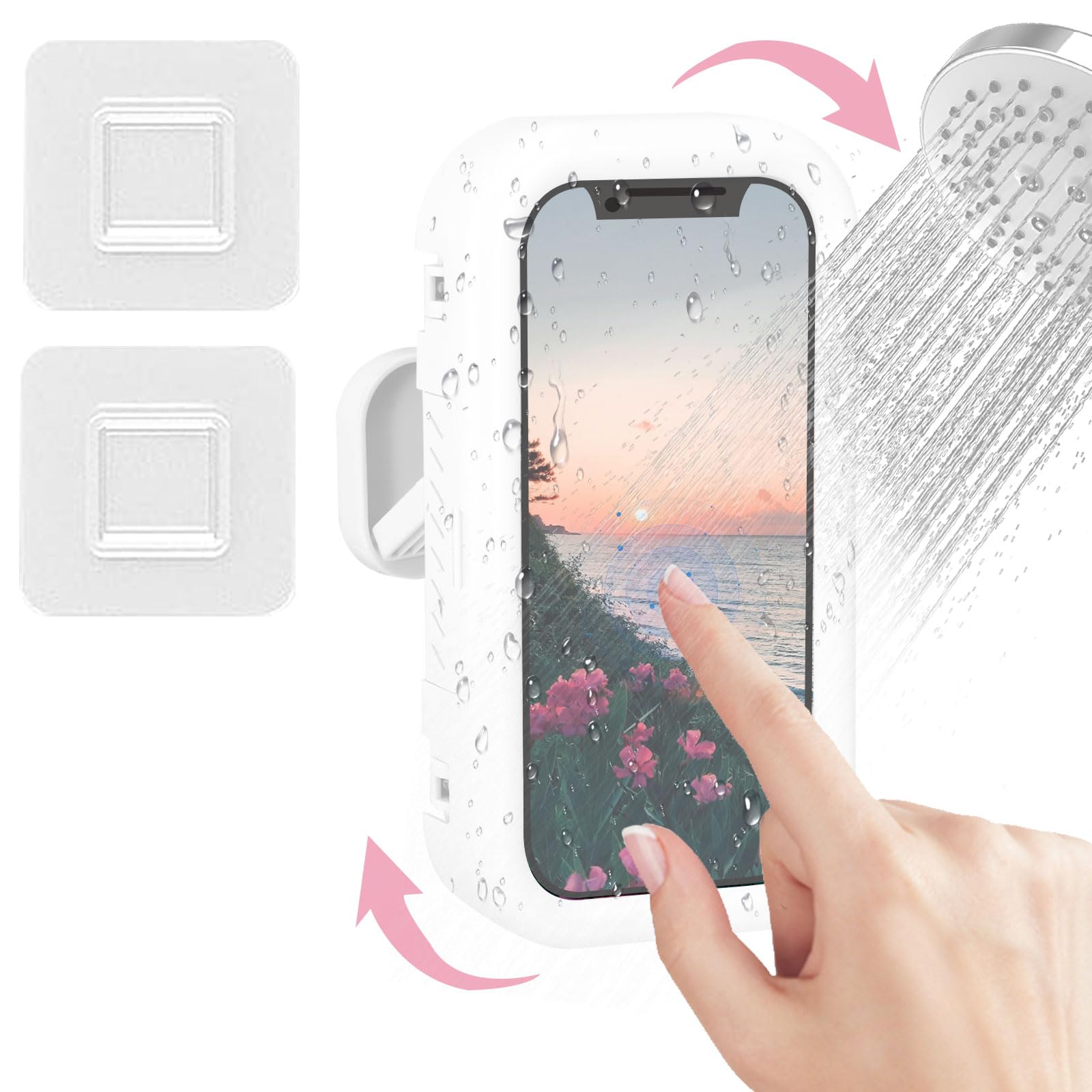 LELE LIFE 480° Rotation Shower Phone Holder Waterproof with Touch Screen, Adjustable Wall Mount Shower Phone Case for Bathroom Bathtub Kitchen, Up to 7" Cell Phone (White)