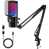 VCOM Gaming USB Microphone,Condenser Dynamic Boom Arm Mic for Podcasting,Streaming, with Boom Arm Stand,Quick Mute,Pop Filter,RGB Indicator,Shock Mount,Rotate gain Button, Compatible with PS4/5/PC