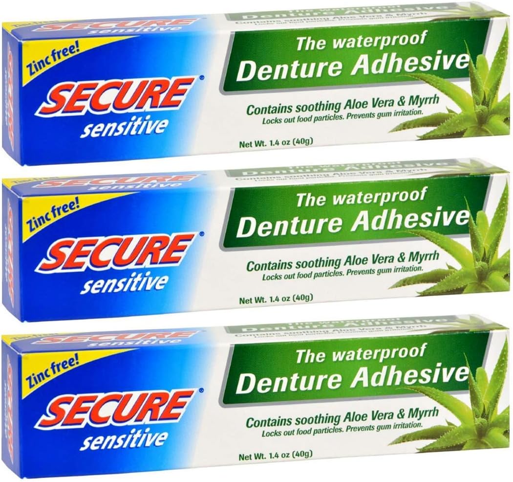 Secure Sensitive Gums Waterproof Denture Adhesive Zinc Free with Aloe Vera & Myrrh - Extra Strong 12 Hour Hold - 1.4 oz (Pack of 3): Health & Personal Care