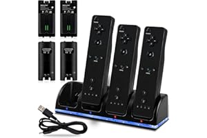 XIQIDIANR 4-in-1 Charger Station for Wii&Wii U Remote Controller,with 4 Rechargeable Batteries(4 Port Charging Station+4 pcs 2800mah Replacement Battery Packs+USB Cable+Plug) Not Include Remote-Black