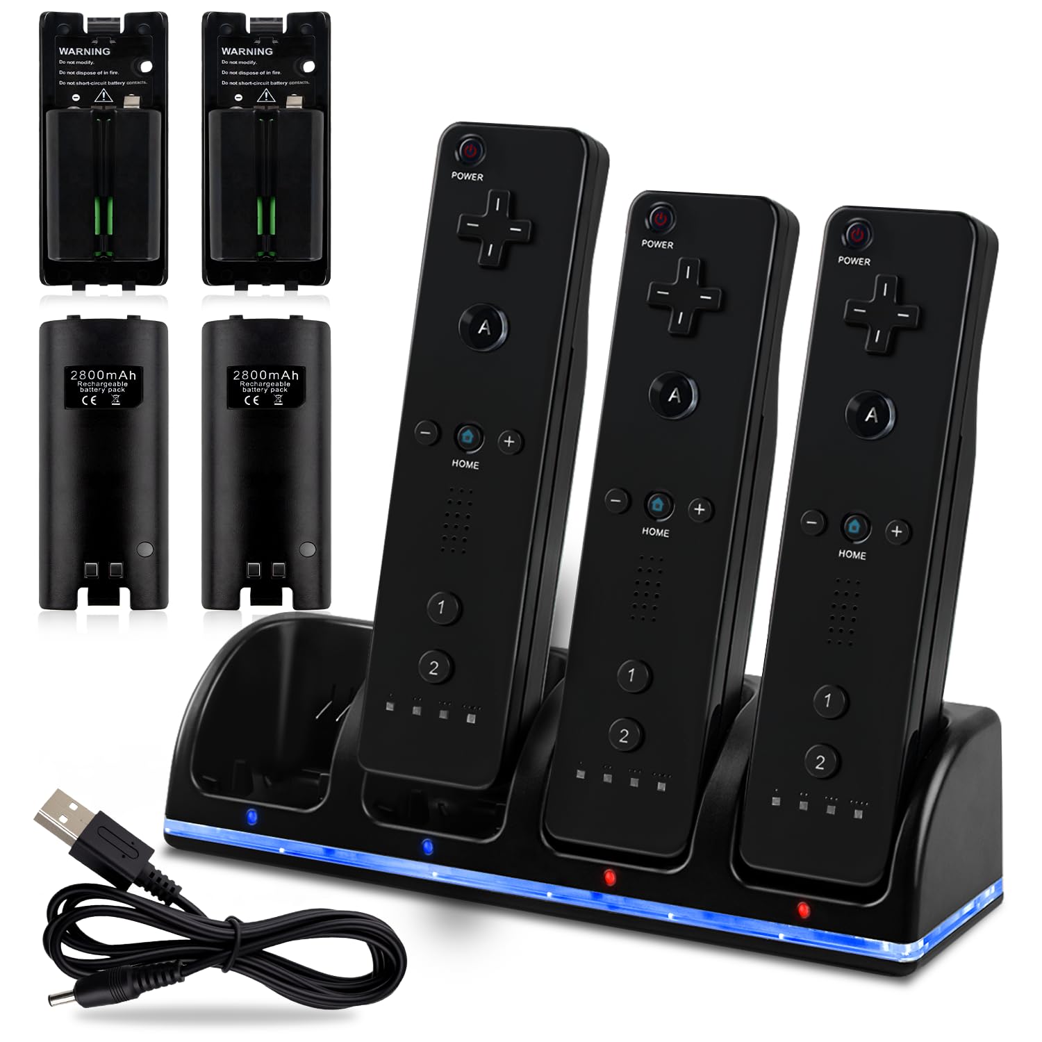 4-in-1 Charger Station for Wii&Wii U Remote Controller,with 4 Rechargeable Batteries(4 Port Charging Station+4 pcs 2800mah Replacement Battery Packs+USB Cable+Plug) Not Include Remote-Black