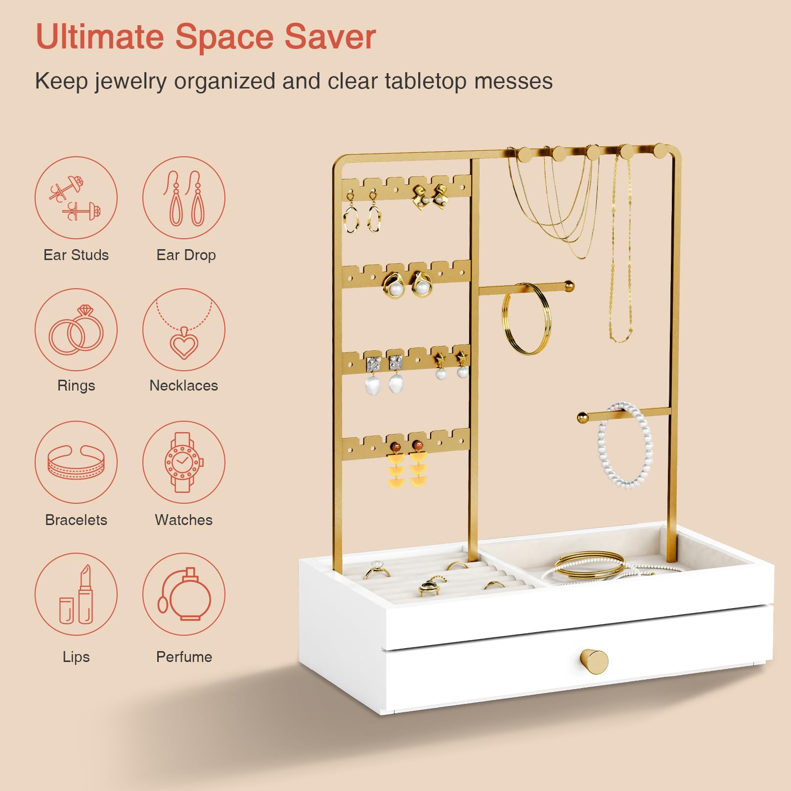 Goozii Gold Jewelry Stand Organizer Necklace Holder, Birthday Gifts for Women Girls, Small Jewelry Stand for Earrings Rings Bracelets, Velvet Jewelry Hanger Tree, Mothers Day Gifts - White and Gold