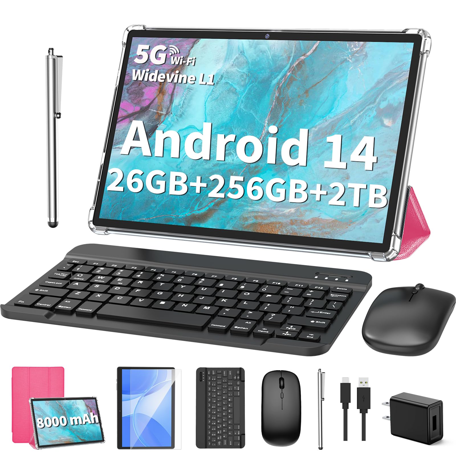 Photo 1 of 2025 Tablet, Android 14 Tablets 10 inch with Keyboard, 26GB RAM+256GB ROM(2TB Expand), 2-in-1 Tablets with 8-Core, 8000mAh, 5G WiFi, Widevine L1, GMS, with Case, Keyboard, Mouse, Stylus (Pink)