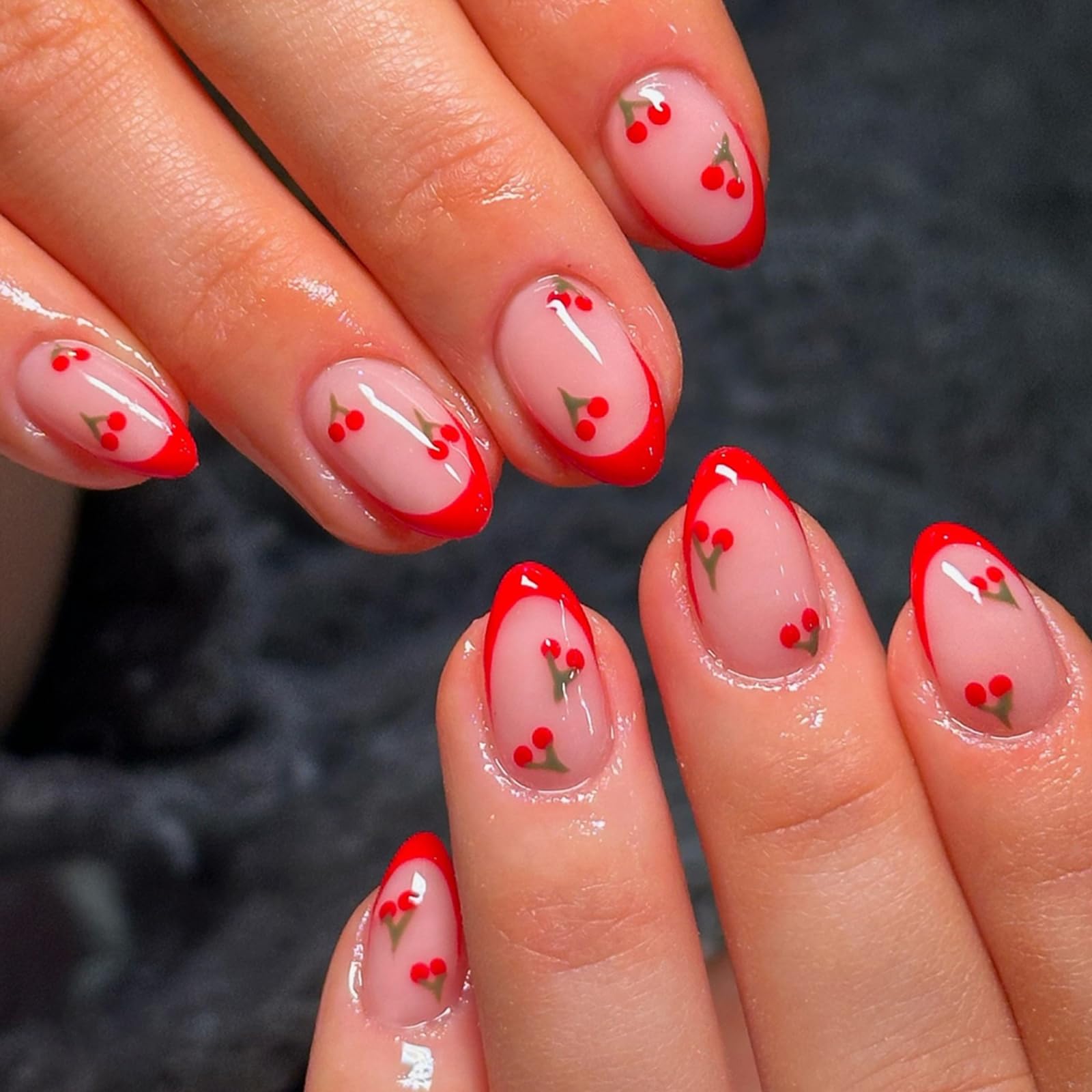 Photo 1 of Cute Press on Nails Short Almond French Tip Fake Nails Full Cover Petite False Nails with Cherry Designs Red Glossy Glue on Nails Acrylic Nails Manicure Artificial Nails for Women Girls 24Pcs