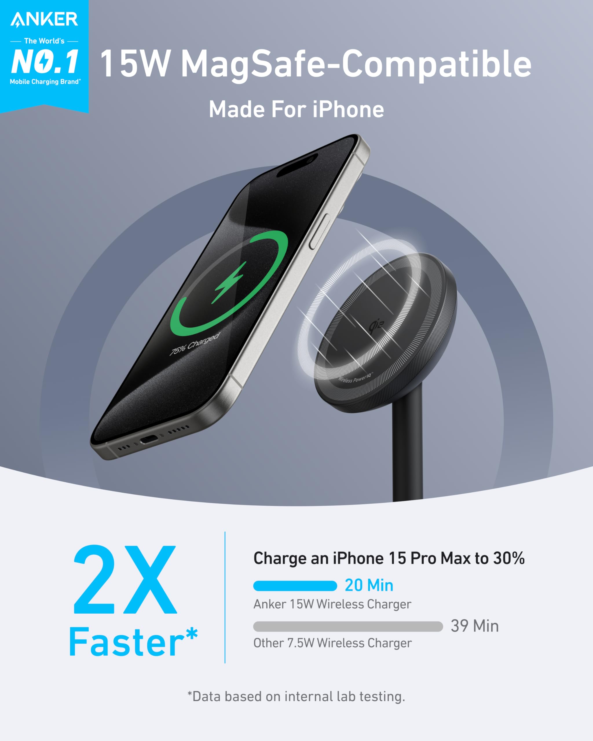 Anker MagGo iPhone 17 MagSafe Charger Compatible Stand, 15W Fast Magnetic Wireless Charging Station, Qi2 Certified 360° Wireless Charger, Magnetic Stand for iPhone 17/16/15/14/13 Series (No Adapter)