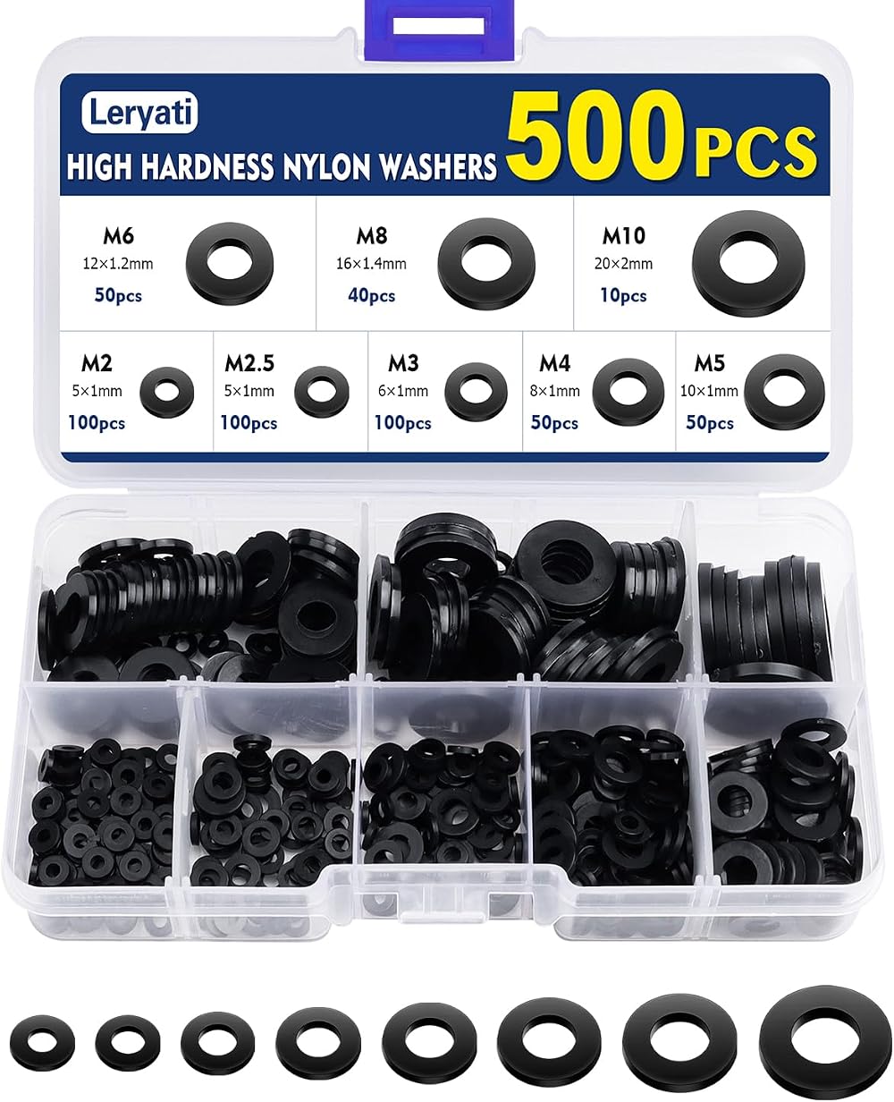 Leryati 500 Pcs Nylon Washers Set Black Round Spacers M2-M10 Assorted
